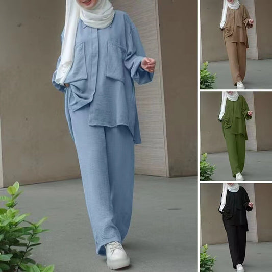 Spot 2023 Cross-border Middle East Muslim Long Sleeve Patch Pocket Hidden Door Tube Dyeing Button Rubber Waist Pants Shirt Set