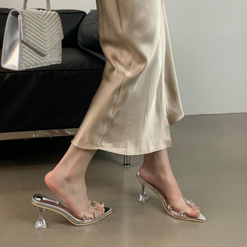 Transparent High Heels 2025 Summer New Korean Style Fashion Rhinestone Crystal Fairy Style Elegant Back Empty Pointed Slippers