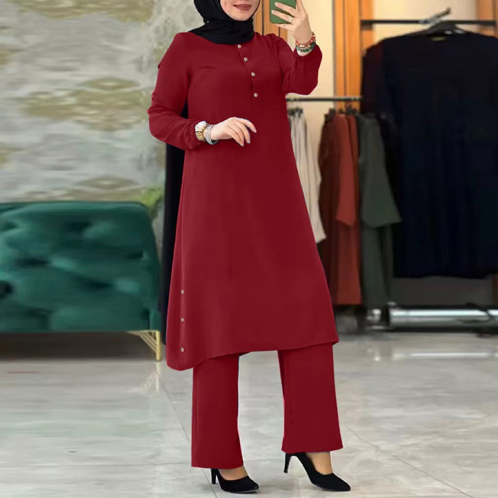Quality 2023 New Middle Eastern Muslim Solid Color Long Sleeve Side Seam Decorative Wooden Buckle Rubber Waist Women Suit In Stock