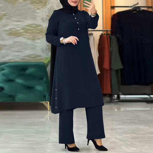 Quality 2023 New Middle Eastern Muslim Solid Color Long Sleeve Side Seam Decorative Wooden Buckle Rubber Waist Women Suit In Stock