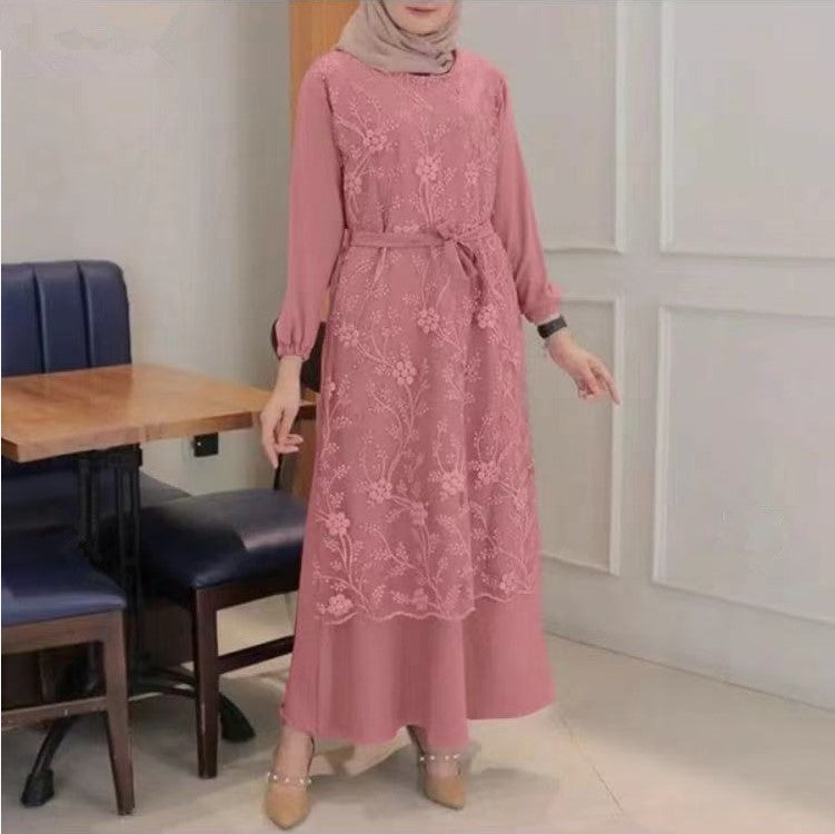 Wish Amazon New Muslim Round Neck Lace Long Sleeve Waist Loose Long Dress Female 9902