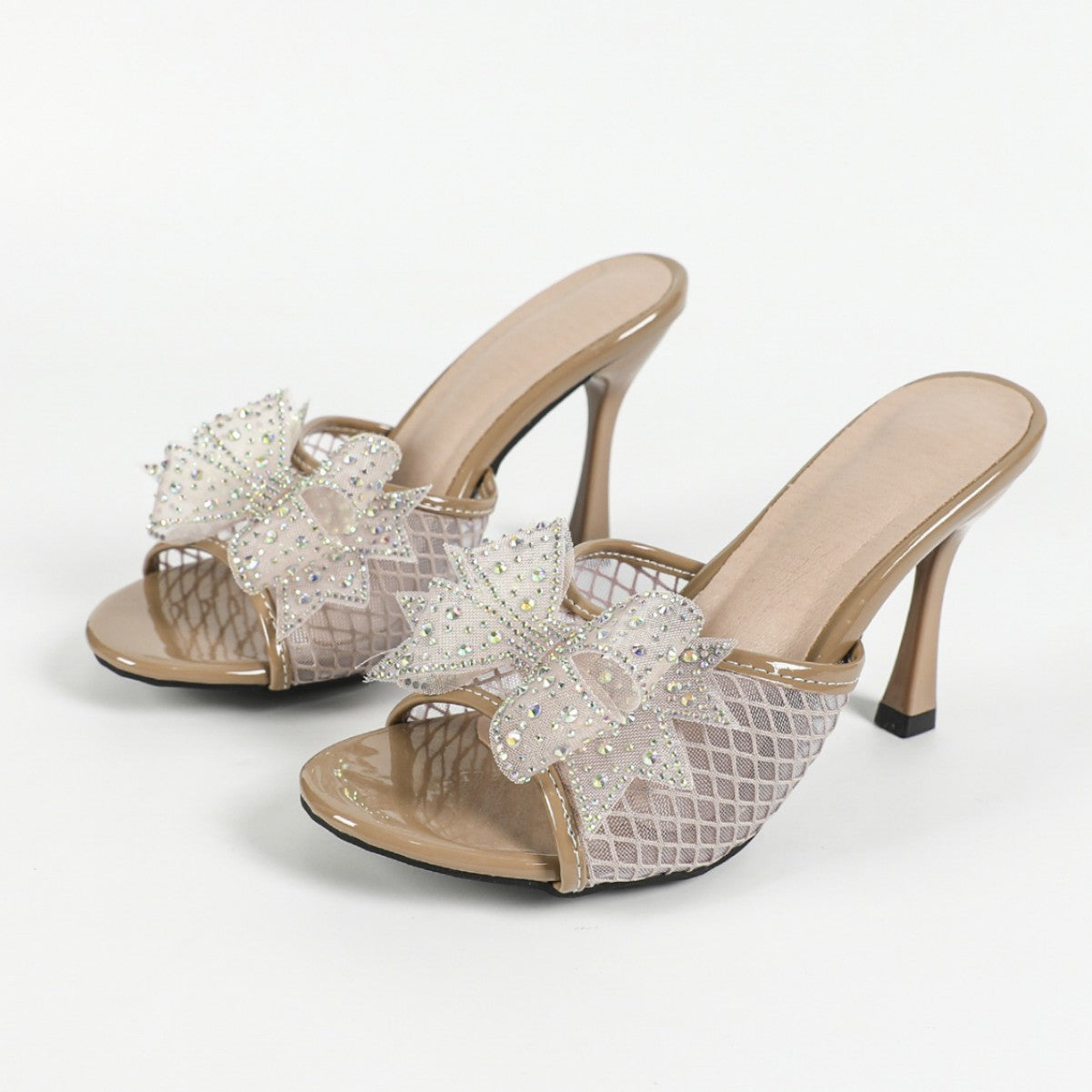 Summer New 9CM High-heeled Fine-heeled Mesh Slippers Women&#039;s Sandals Open-toe Bow Cross-border Foreign Trade Plus Size Women&#039;s Shoes